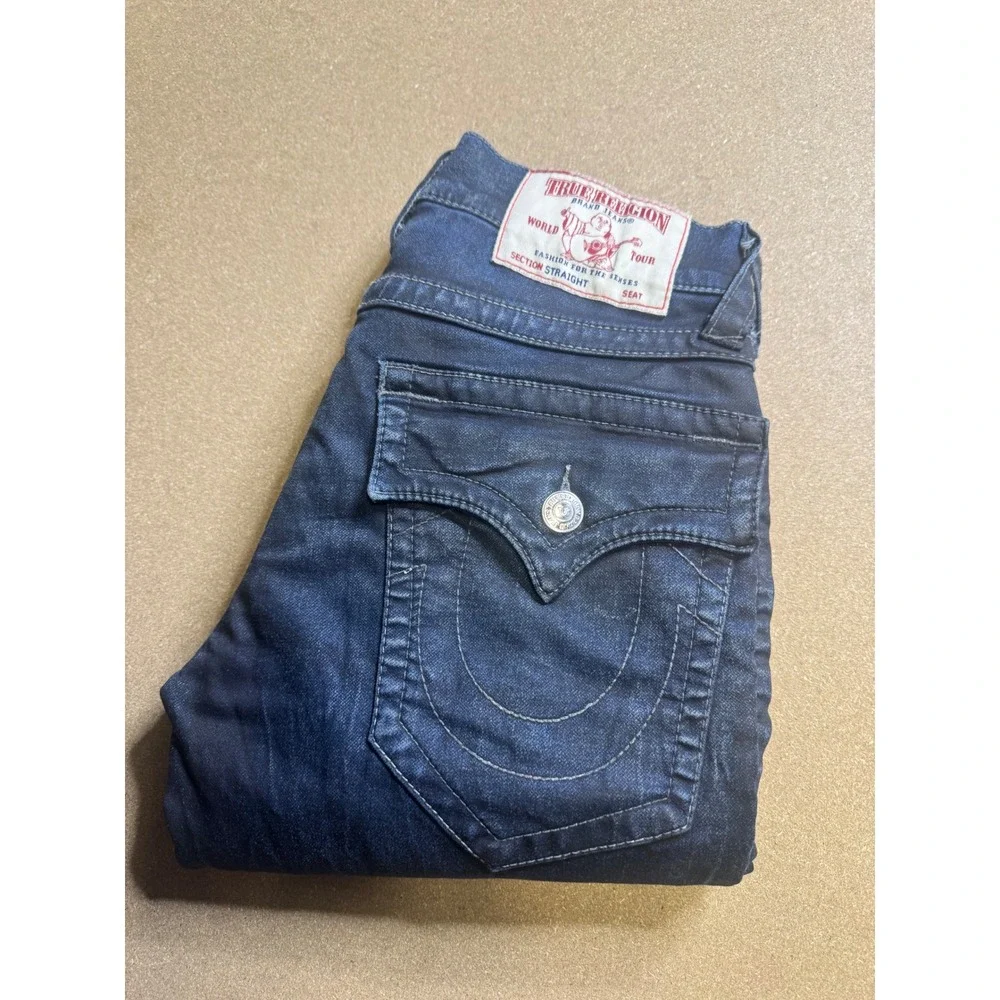 True Religion Mens Section Straight‎ Jeans Indigo Blue Whiskered Size 29 x 32